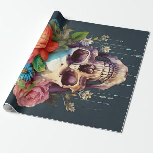 Papel De Presente Ossos e Sangue, Caveira e Flores de Jardim
