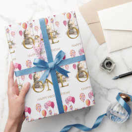 Papel De Presente Ouriço de primeiro aniversário com balões cor-de-r