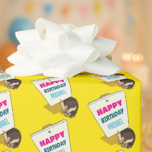 Papel De Presente Ouriço Engraçado Adicione o Nome Feliz Aniversário