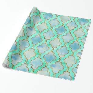 Papel De Presente Ouro aquático e padrão maroccano verde