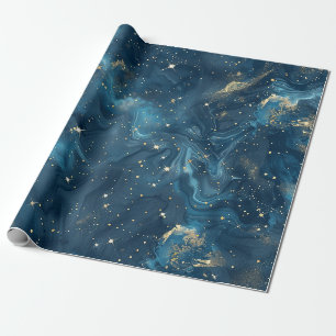 Papel De Presente Ouro Azul Galáxia Celestial Nebulosa Estrelas