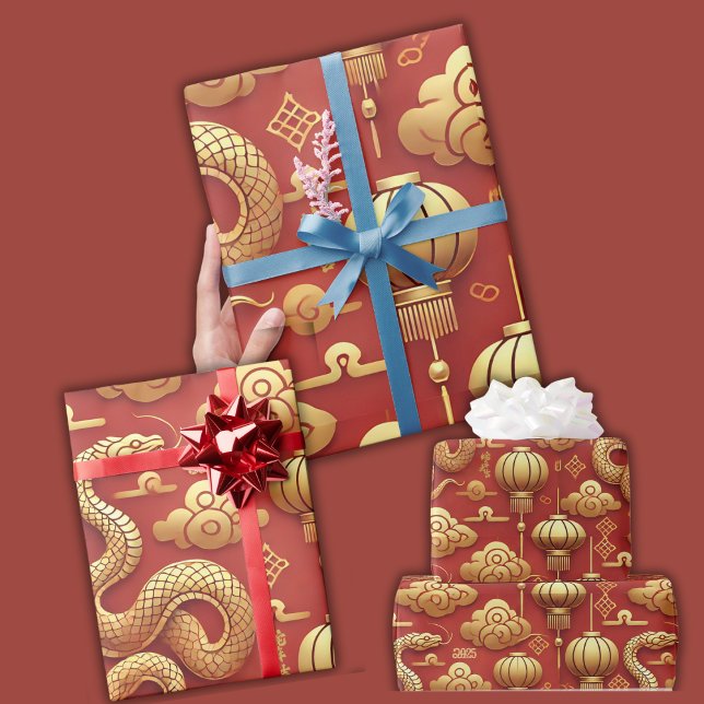 Papel De Presente Ouro de Ano Novo Chinês Lunar (Chinese Lunar New Year Golden Snake Wrapping Paper)