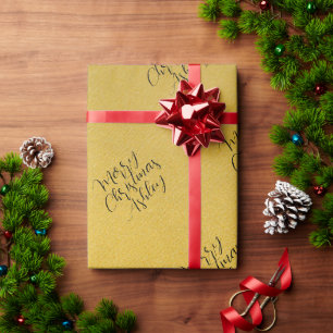 Papel De Presente Ouro de Feliz Natal - Script manuscrito