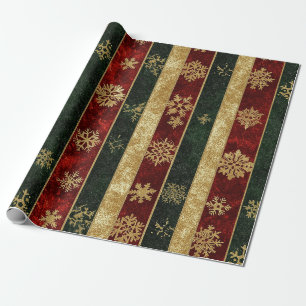 Papel De Presente Ouro de Natal Floco de Neve Listras Vermelhas e Ve