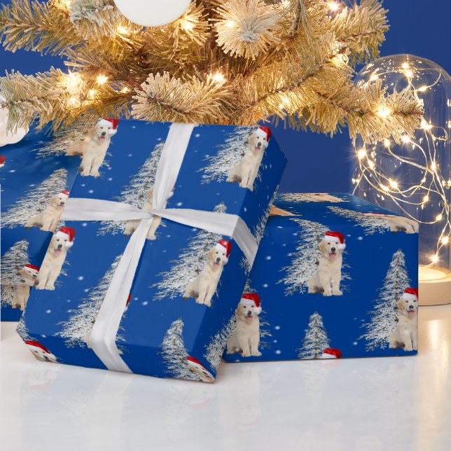 Papel De Presente Ouro de Natal - Retriever e Árvore (Feriados)