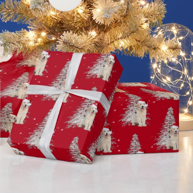 Papel De Presente Ouro de Natal - Retriever e Árvore (Feriados)