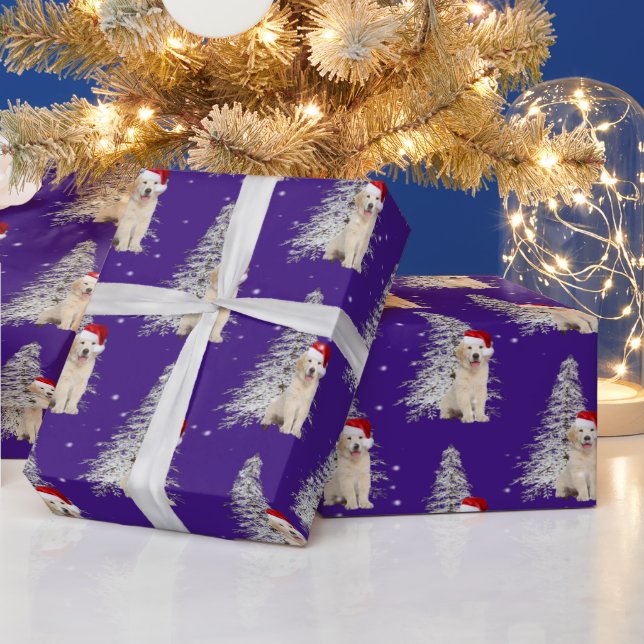 Papel De Presente Ouro de Natal - Retriever e Árvore (Feriados)