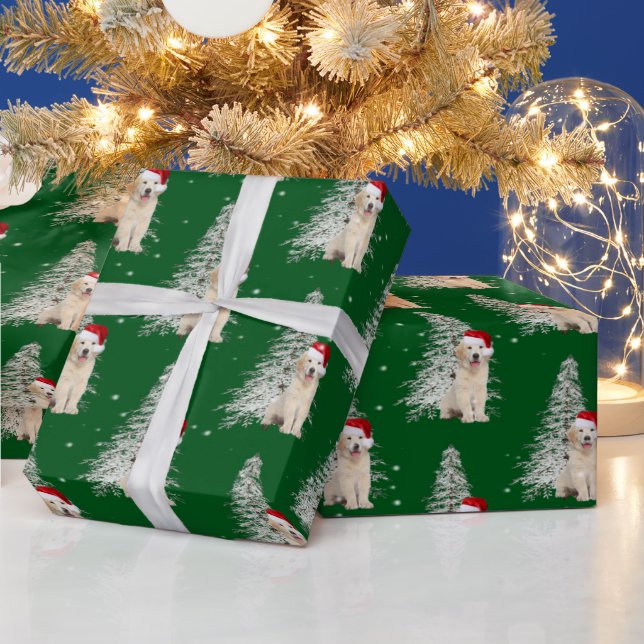 Papel De Presente Ouro de Natal - Retriever e Árvore (Feriados)