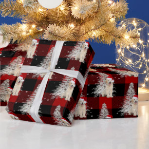 Papel De Presente Ouro de Natal - Retriever e Árvore na Xadrez