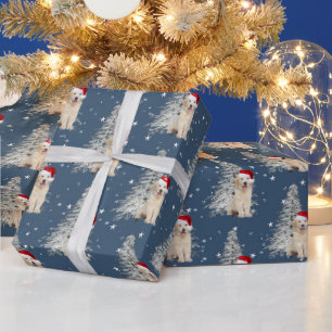 Papel De Presente Ouro de Natal - Retriever e Árvore nas Estrelas