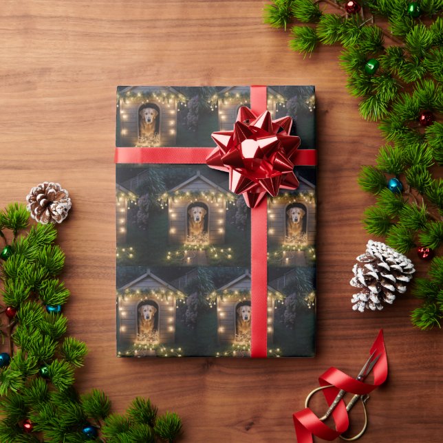 Papel De Presente Ouro De Natal Retriever Em Doghouse (Presente de Natal)