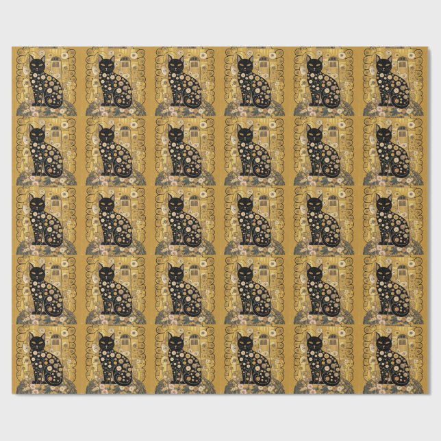 Papel De Presente Ouro Decorativo Gustav Klimt Estilo preto de Gato (Aberto)
