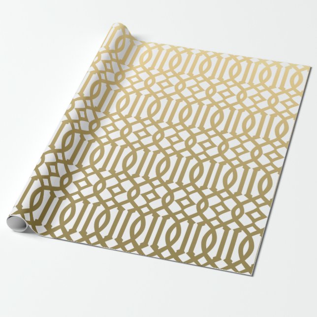 Papel De Presente Ouro e teste padrão moderno branco da treliça (Desenrolado)