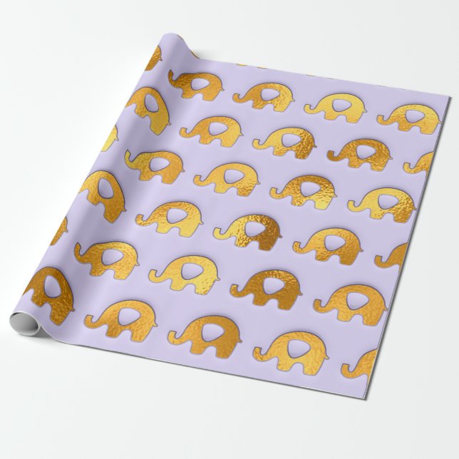 Papel De Presente Ouro Elefantes Lavanda Roxo (Desenrolado)