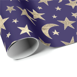 Papel De Presente Ouro elegante Stars Lua Blue Marinho Champaigne