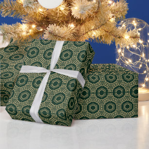 Papel De Presente Ouro festivo verde-escuro padrão geométrico elegan