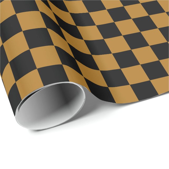 Papel De Presente Ouro Fosco e Xadrez Preto (Ponta do rolo)