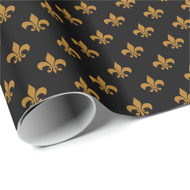 Papel De Presente Ouro Fosco Fleur-de-lis em Preto (Ponta do rolo)
