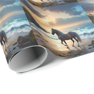 Papel De Presente Ouro Grace: Um Cavalo de Palomino na praia Sunset