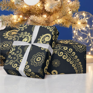 Papel De Presente Ouro Grande Paisley de luxo em preto