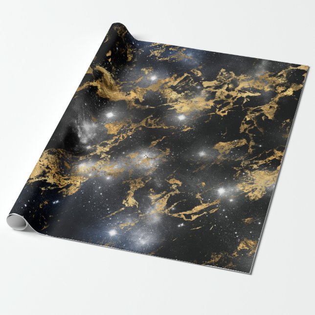 Papel De Presente Ouro Marble Dark Starry Night Space Galaxy (Desenrolado)