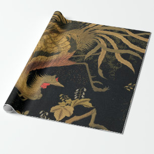 Papel De Presente Ouro Pássaro Japonês Clássico Antiquado