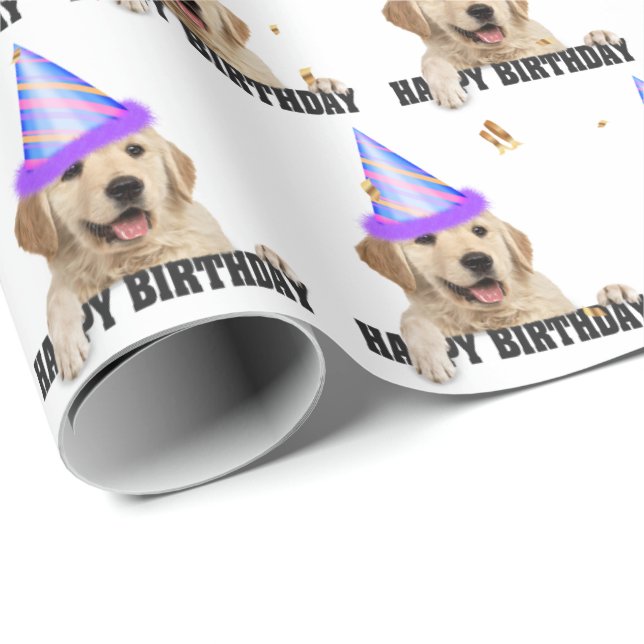 Papel De Presente Ouro Retriever aniversário com confetti (Ponta do rolo)