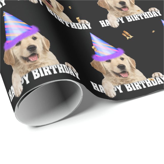Papel De Presente Ouro Retriever aniversário com confetti (Ponta do rolo)