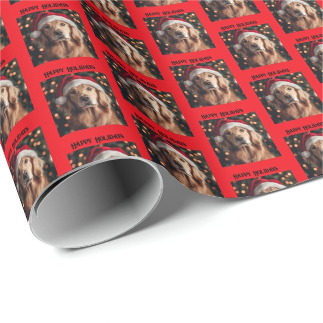 Papel De Presente Ouro Retriever W Santa Hat Dift Wrap, Natal, (Ponta do rolo)