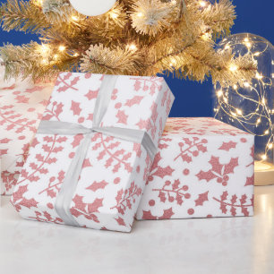 Papel De Presente Ouro Rosa e Azevinho Branco Natal de Inverno