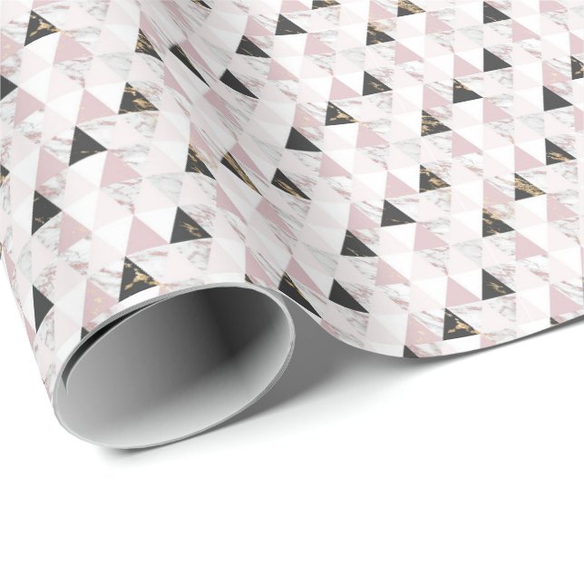 Papel De Presente Ouro Rosa Mármore Preto Branco Geométrico Aniversá (Ponta do rolo)