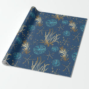 Papel De Presente Ouro Starfish e Coral Reef Patterno em Azul