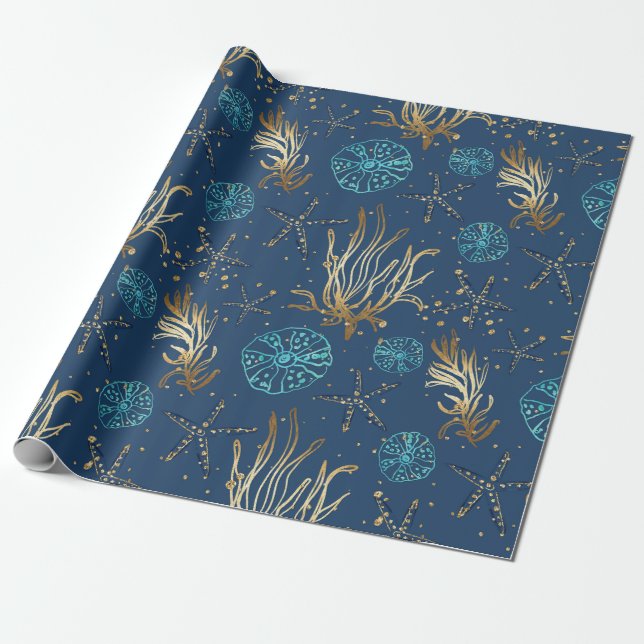 Papel De Presente Ouro Starfish e Coral Reef Patterno em Azul (Desenrolado)