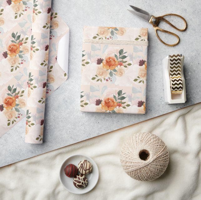 Papel De Presente Outono laranja floral aquarela  (Artesanato)
