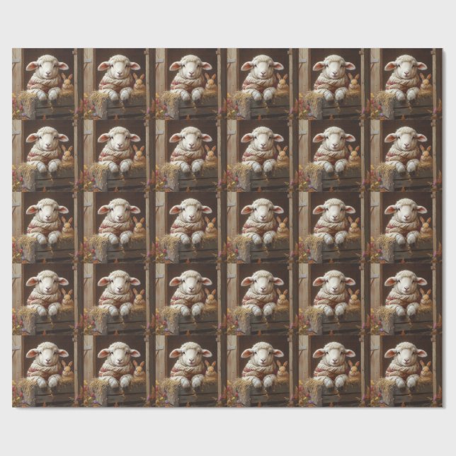 Papel De Presente Ovelhas e coelhos em celeiro com flores (Aberto)