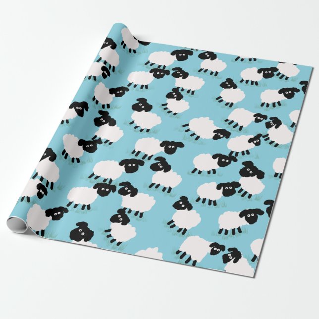 Papel De Presente Ovelhas Fofas em Azul Bebê (Desenrolado)