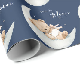 Papel De Presente Over the Moon Bear Blue Baby Shower