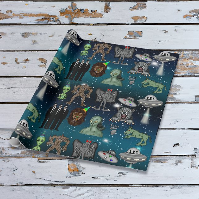 Papel De Presente OVNI, Alienígena, Bigfoot Cryptid Birthday (Criador carregado)