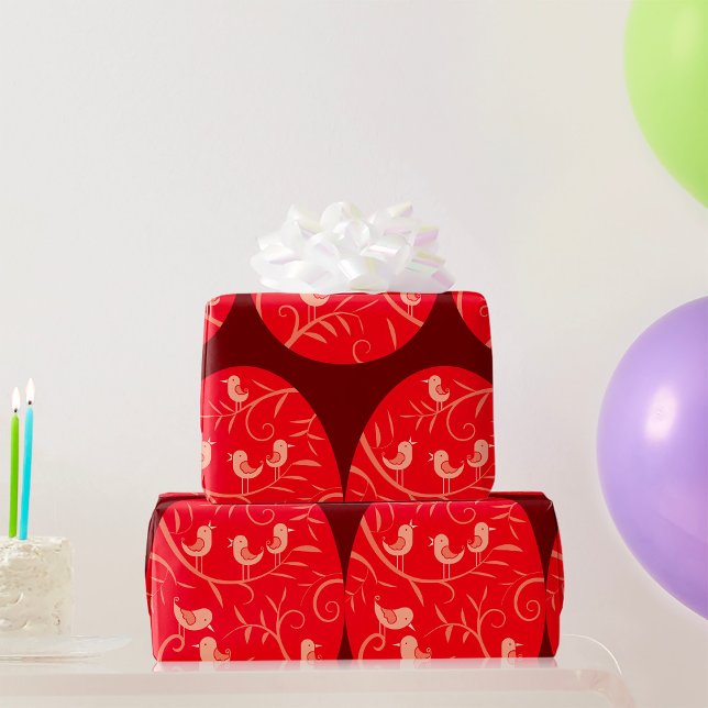 Papel De Presente Ovo de Páscoa Vermelho com Padrão de Pássaros (Criador carregado)