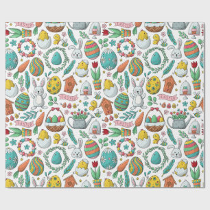 Papel De Presente Ovos Coloridos Coelhinhos Padrão de Primavera Pásc