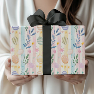 Papel De Presente Ovos de Listras de Páscoa em Aquarela Pastel Elega