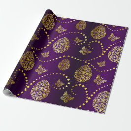 Papel De Presente Ovos de Ouro felz pascoa e borboletas Roxo