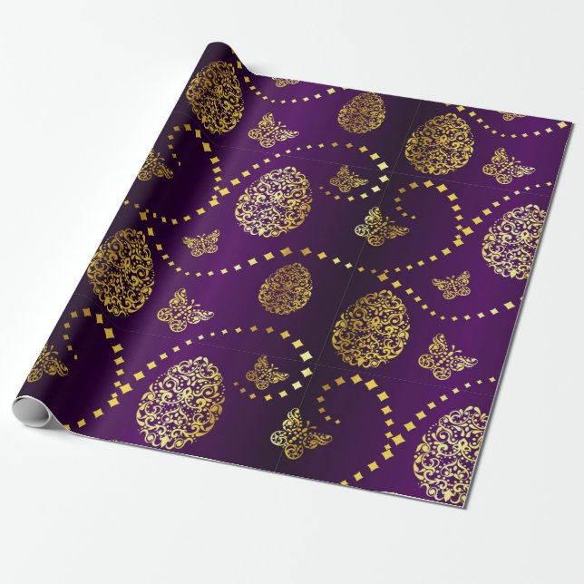 Papel De Presente Ovos de Ouro felz pascoa e borboletas Roxo (Desenrolado)