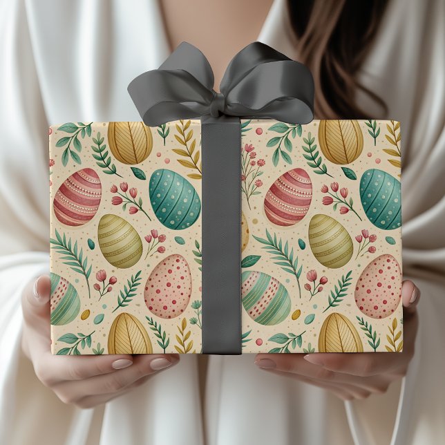 Papel De Presente Ovos de Páscoa Antigos com Botões Florais (Criador carregado)