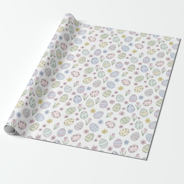 Papel De Presente Ovos de Páscoa e Flores Cores Pastel (Desenrolado)