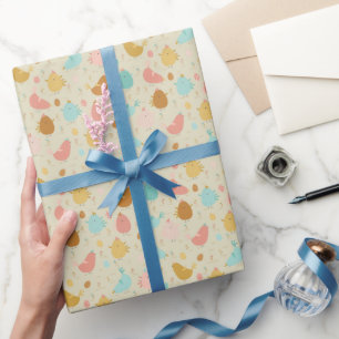 Papel De Presente Ovos de Páscoa e galinha colorida