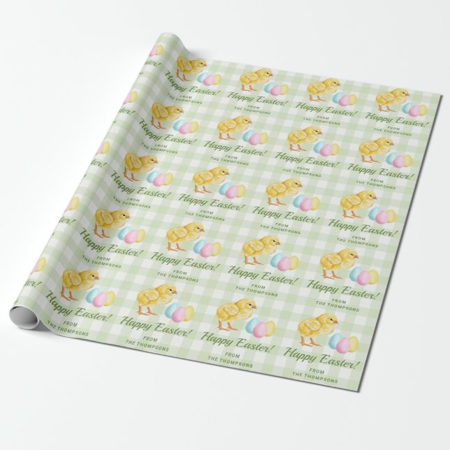 Papel De Presente Ovos de Páscoa e Pintinho em Tons Pastéis com Xadr (Desenrolado)