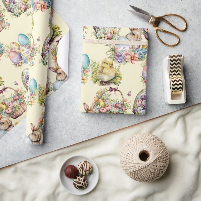 Papel De Presente Ovos de Páscoa Pastel, Coelho, Amarelo Floral Pint (Artesanato)