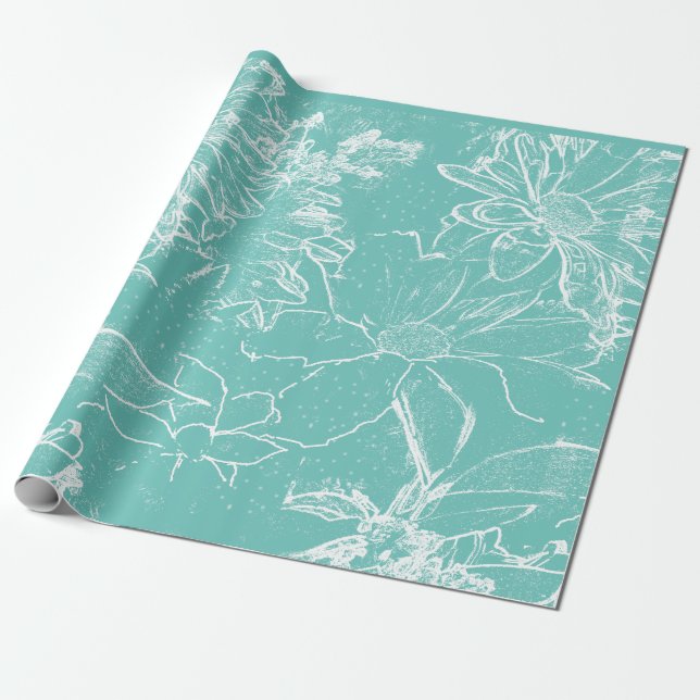 Papel De Presente Pacote Floral Branco Transparente - Azul Turquesa (Desenrolado)