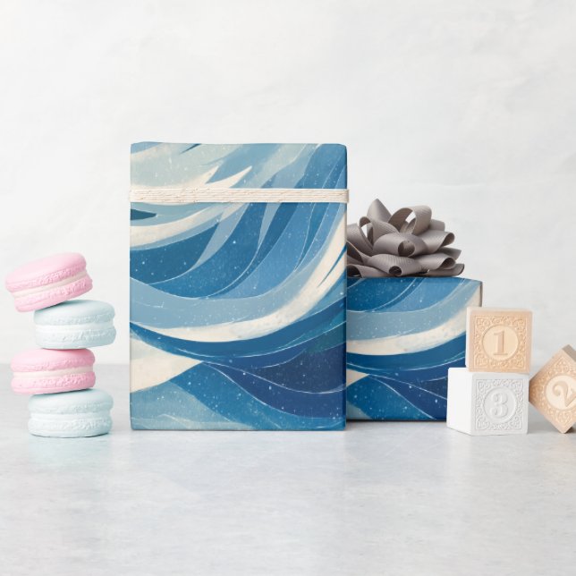 Papel De Presente Padrão Abstrato Branco Fluxo Azul Profundo Oceano (Chá de bebê)